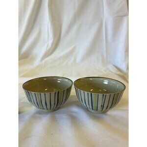 Handmade Ceramic Bowls With Blue Striped Design & Glossy Finish Set Of 2 2.5" Ta